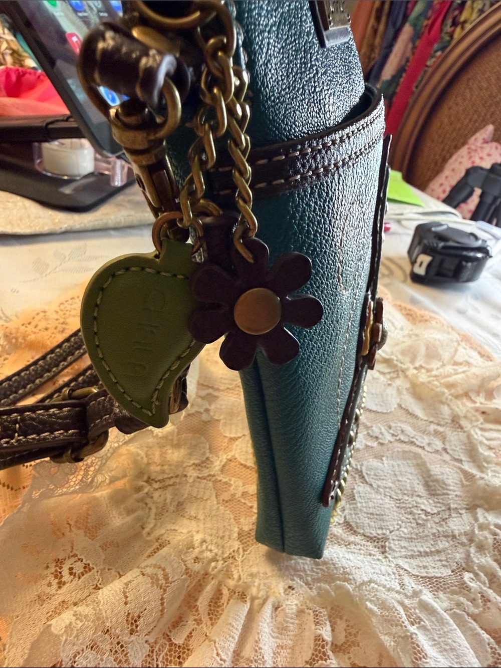 Chala Teal Dragonfly Crossbody Bag with Multicolor Applique - Picture 3 of 7